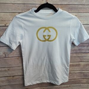 Kids Sz 8 White T-Shirt with Gold Logo
